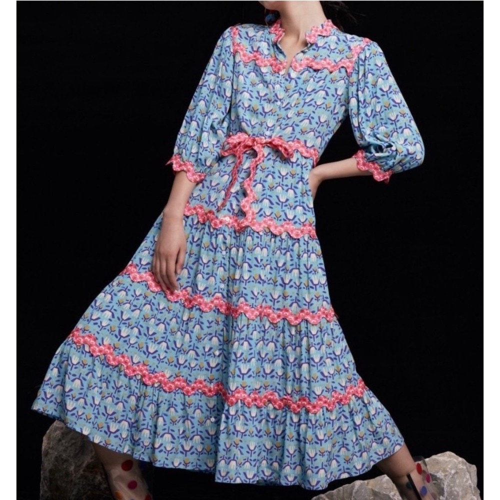 CeliaB Sunset Floral Crepe Dress Blue Pink Tiered Midi Ruffle Neck XS